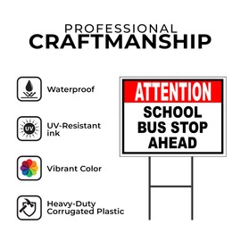 ATTENTION SCHOOL BUS STOP AHEAD red black - Double Sided Yard Sign ROAD SIGN with Stand