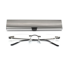 EYE ZOOM Rimless Reading Glasses with Slim Gun and Silver Case for Men and Women, +3.00