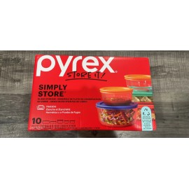 Pyrex 10-piece Glass Food Storage Container Set Assorted Colored Lids New