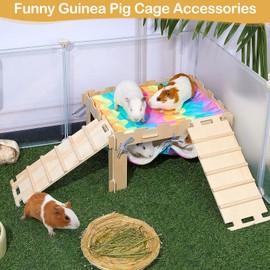 Guinea Pig Hideout with Hammock, Soft Guinea Pigs Hammock Wooden Guinea Piggy House with Stairs Large Guinea Pig Toys fit Guinea Pigs Cages Accessories for Small Animals