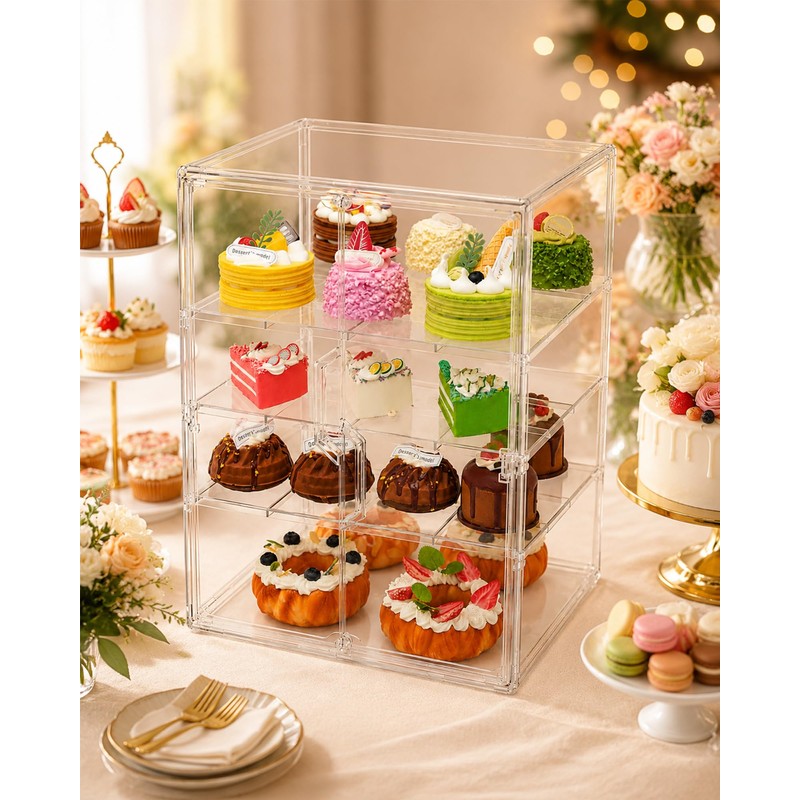 Pastry Display Case 4-Tier Countertop Bread Box with Double Magnetic