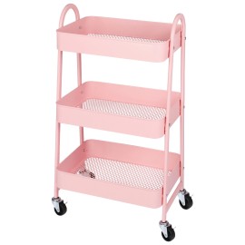DUMOS 3 Tiers Rolling Metal Cart Shelf Utility Storage Organizer Kitchen Trolley Rack - Pink
