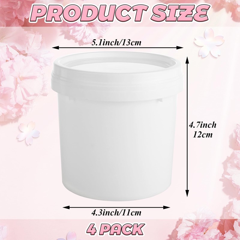 4 Pack White Plastic Pail Plastic Bucket with Lid, 1L