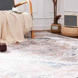 TOPICK Doormat 60x90cm Entryway Area Rug Oriental Rug Vintage Foldable Thin Rug Floor Entrance Mat Chenille Light Red Multi Floral Print Distressed Carpet Anti Slip Rug Kitchen Bathroom Dining Room