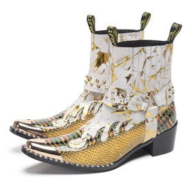Santimon Men’s Leather Western Ankle Cowboy Boots with Studded Buckle & Metal Square Toe – Fashion Dress Casual Cuban-Heel Party Rockstar Booties Gold 6.5 US