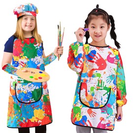 AEGTVA Delantal de Pintura para Niños - Set of 5 Impermeables Batas de Arte con Bolsillos y sombreros - para Pintar y cocinar