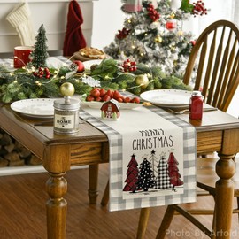 Artoid Mode Waterclor Grey Buffalo Plaid Christmas Trees Merry Xmas Table Runner, Seasonal Winter Holiday Kitchen Dining Table Decoration for Indoor Outdoor Home Party Decor 13 x 108 Inch
