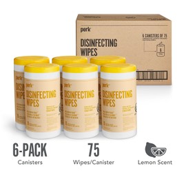 Perk Disinfecting Wipes, Lemon, 75 Wipes/Canister, 6/Pack