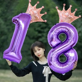 40 Inch Rose Gold Crown Number 18 Balloons, 18th Birthday Balloons for Men Women, Purple 18th Celebration Decor Happy 18th Birthday Party,18th Party Decoration Wedding Anniversary Events Supplies