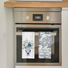 GCFET Chinoiserie Kitchen Towels Set - Blue and White Chinoiserie Dish Towel, Blue and White Floral Hand Tea Towels for Bathroom Kitchen, 16x24 Inch Set of 2