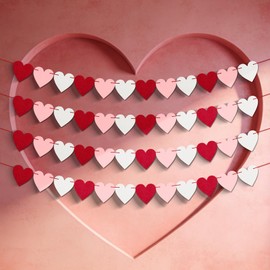 Oeyliz Valentines Day Decor Felt Heart Garland Valentines Day Banner 4 Pack Felt Red Heart Garland Banners Pre-Strung Heart Banner for Fireplace Mantel Walls Party Supplies Outdoor Home Hanging