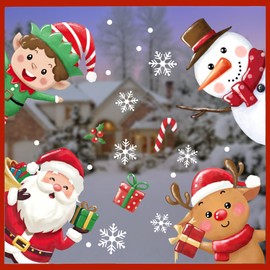 Mfault Christmas Elf Window Clings, Xmas Santa Claus Snowman Reindeer Snowflake Stickers Decals Decorations, Winter Holiday Gift Candy Holly Berries Home Kitchen Decor