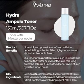 [9wishes] Hydra Ampule Toner 5.1Fl. Oz, 150ml Powerful Hydration with 52% Coconut Water - Moisturizing Facial Toner Essence (Hydra Toner)