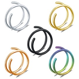 Tanreeqee 18G Double Nose Ring for Single Piercing Stainless Steel Left and Right Double Hoop Nose Ring Spiral Nose Hoops Double Nose Ring for Women Men ((G 5pcs))