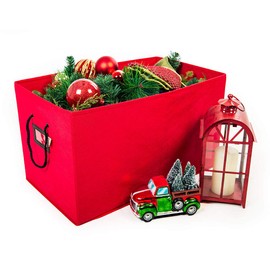 [Multi Use Christmas Decoration Storage Box] - Self Standing Container with ID Tag Holder for Easy Identification - for Garland Storage and Other Miscellaneous Decor Storage (Red)