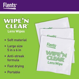 Flents Lens Wipes, Wipe 'N Clear, 150 Count, Pre-Moistened, Streak-Free, Safe for Glasses, Sunglasses, Gentle Cleaning, Clear Vision, Individually Wrapped for Travel & Convenience, Made in the USA