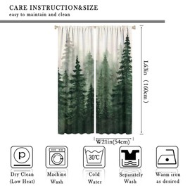 SENRUEGT Green Forest Window Curtains, Watercolor Misty Forest Trees Natural Landscape Printed Bedroom Living Room Kitchen Blackout Drapes 42x63in