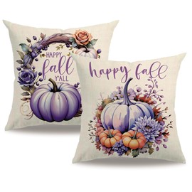 7COLORROOM Fall Decorative Throw Pillow Covers，Autumn Pumpkin with Wreath Design 18x18 Inch Cushion Cases 2Pack Happy Fall Harvest Farmhouse Home Decor Pillowcases for Autumn Thanksgiving(Purpule)