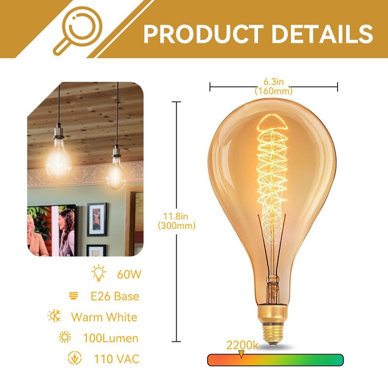 Jslinter Oversized Incandescent Light Bulb 60 Watt, PS52/PS160 Edison Bulb