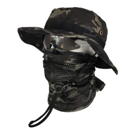 QMFIVE Tactical Boonie Sun Hat Wide Brim Hat Camo Scarf Outdoor Bucket Camping Hiking Scarf Unisex, A-black camo