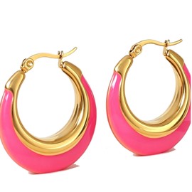 OKDESU Hot Pink Hoop Earrings for Women 18K Gold Plated Chunky Enamel Earrings Jewelry Gift for Wife Mother