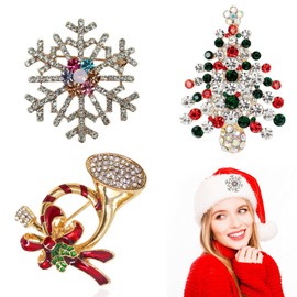 hllonn Elegant Christmas Brooch Set - 3 Rhinestone Crystal Pins Including Snowflake, Horn, and Christmas Trees - Perfect Xmas Jewelry Gifts for Women and Holiday Decorations