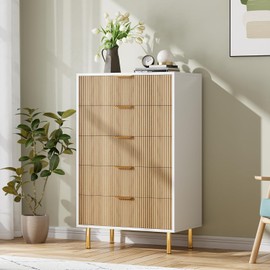 IDEALHOUSE Natural Dresser, Modern 5 Drawer Dresser for Bedroom with Gold Handle and Large Drawer, Wood Double Chest of Drawers and Storage Organizer for Living Room, Hallway, Entryway
