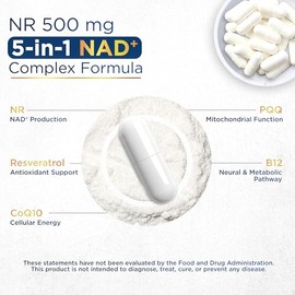 NAD+ Supplement with 500mg NR, Resveratrol, CoQ10, PQQ- 5-in-1 NAD Formula |NMN Supplement Alternative|NAD Resveratrol Support Cellular Energy & Healt