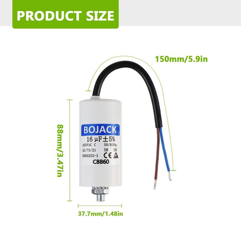 BOJACK 16uF 450V Motor Running Capacitor 38 x 75 mm