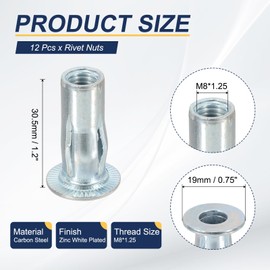 PATIKIL 12 Pcs Multi-Grip Rivet Nuts, M8 Pre-Bulbed Shank Flat Head Threaded Insert Nuts Carbon Steel Plus Nuts Zinc White Plated for Fastener