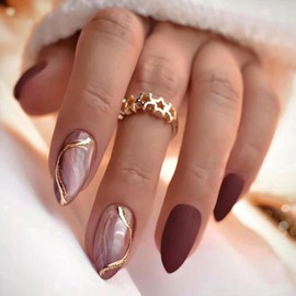 Generic Almond Nails Press on Medium Length Acrylic Fake Nails Gold Wavy Lines Design Glue on Nails Matte Stick on Nails for Women DIY Charm Manicure