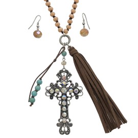 Long Beaded Large Dual Function Glass Bead AB Iridescent Rhinestone Cross Unique Charm Silver Tone Ornate Pendant Necklace & Dangle Earrings Set (Brown & Simulated Turquoise)