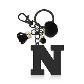 Initial Letter Keyring for Purse Backpacks Handbags Wallet Letter A-Z Keychain Initial Keychain Gifts for Girlfriend Daughter Graduation Birthday Gift Alphabet Initials Keyring with Pom Pom (Letter N)