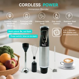 Weavelife 3-in-1 Cordless Hand Blender Set - One-Touch Control & Safety Lock, Immersion Blender with Whisk and Frother for Lattes, Desserts, Soups, Dishwasher-Safe