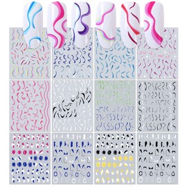 DANNEASY 12 Sheets Coloured Ribbon Nail Stickers Self Adhesive Nail Art Stickers Colorful Stripe Block Nail Decals Nail Design Stickers 3D Nail Decoration for Women Kids Girl