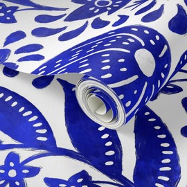 Spoonflower Peel & Stick Wallpaper Swatch - Cobalt Blue Botanical Bright White Indian Floral Persian Figs Custom Removable Wallpaper