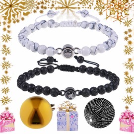 Techson 100 I Love You Language Bracelets, Couples Healing Crystal Projection Circle Stone Jewelry(Black Agate & White Turquoise), Matching Bracelets for Boyfriend, Girlfriend, Lover