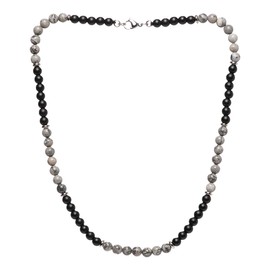 TreasureBay Handmade Mens Tigers Eye Onyx Beaded Necklace Chain Natural Gemstones Healing Crystal Jewellery (Grey Map Stone)