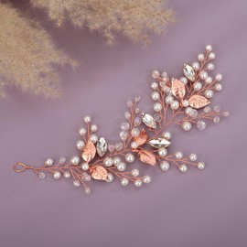 Teyglen Dainty Rhinestone Bridal Headband Crystal and Pearl Beads Hair Vine Rose Gold Leaf Headpiece Bride Hair Piece Wedding Hair Accessories for Women Girls (Rose Gold)