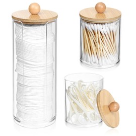 Pack of 3 Cotton Buds Container, Cotton Pad Dispenser, Cotton Pads Storage Box, Cotton Bud Holder with Bamboo Lid for Cotton Balls, Cosmetic Container, Bathroom, Dressing Table, Organiser, Accessories, Decoration