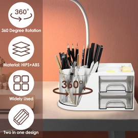 Rotating Desk Organizer with 2 Drawer, 360° Rotating Desk Pencil Pen Holder, Multifunctional Makeup Brush Holder, Large Capacity Stationery Organizer Desk Organizer for Office Home Art Supplies