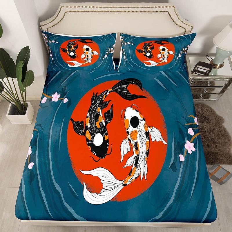 Homemissing Japanese Style Sheet Set Koi Fish Sheets with Deep