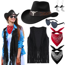 ZhouBoat Cowgirl Outfits for Women, Western Cowgirl Costume, Fringe Vest Cowboy Hat Heart Shaped Sunglasses Western Boot Earring Bandana for Cosplay (XL)