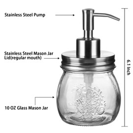 Amolliar 10 OZ Mason Jar Liquid Soap Dispenser, Stainless Steel Pump Lid, Cute Farmhouse Decor for Kitchen, Bathroom, Refillable Hand Soap Dispenser, Lotion Soap Dispenser, Dish Soap, Silver 1 Pack