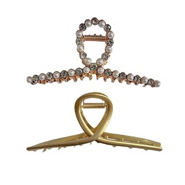 DOBIHMAX 2 Pack Large Metal Hair Claw Clips with Pearls 4.3 Inch - Gold Hair Clips For Women, Thick Hair Styling, Strong Hold Hair, Fashion Hair Accessories For Women (Set 4)