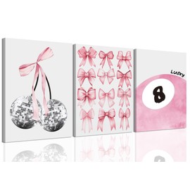 Trendy Pink Bows Wall Art 3 Piece Coquette Preppy Cherry Wall Decor Light Pink Cute Girly Lucky 8 Ball Canvas Poster Prints Aesthetic for College Dorm Living Room Bedroom Framed 16x24 Inch