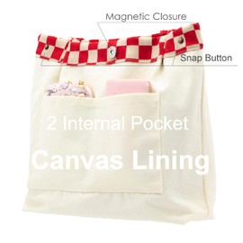 PAZIMIIK Corduroy Tote Bags for Women Reusable Grocery Shopping Shoulder Go-to Everyday Bag with Canvas Lining for Work Travel,Checkered Red