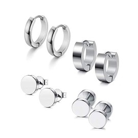 Huggie Piercing Earrings 4 Pairs Stainless Steel Hoop Stud Earrings Hoop Earrings for Men Women 18G (B:Silver 4 Pairs)