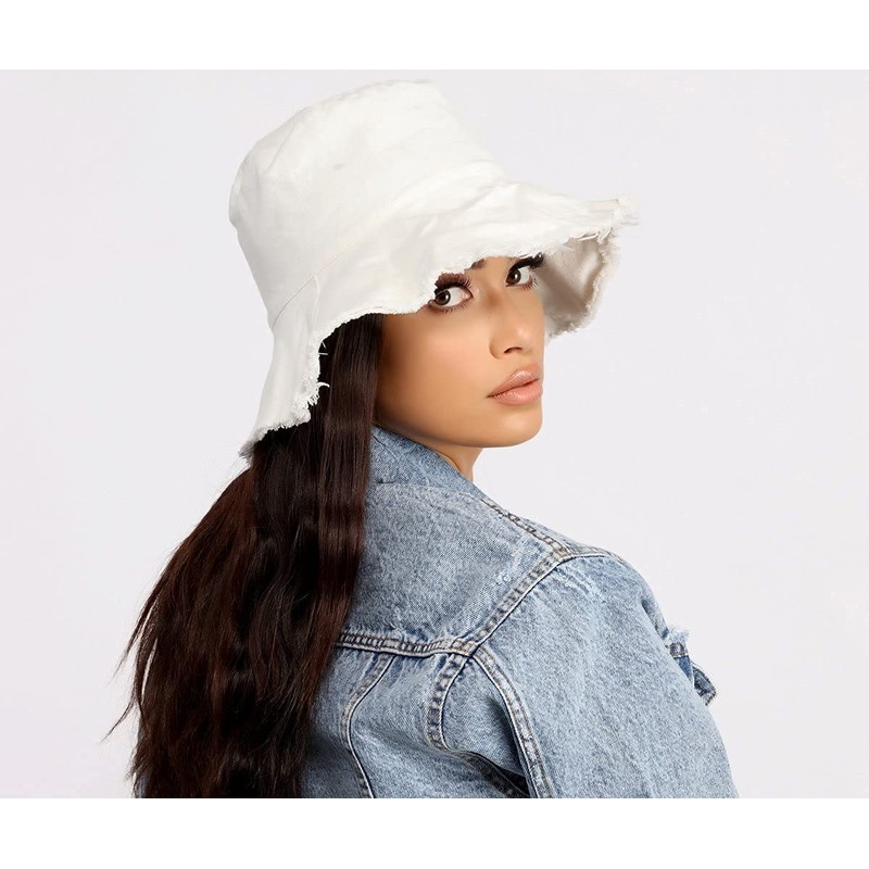 KorhLeoh Distressed-Sun-Bucket-Hat Sun-Protection Washed-Cotton Wide-Brim Beach-Cap for Summer White
