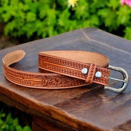 DANIEL'S ARTPLANET Western Leather Belt for Men Handmade Full Grain Leather Tooled Cowboy Belt with Buckle 1.5” Wide Embossed (Brown, 30)